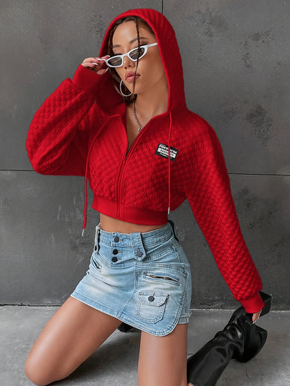 Women’s Elegant Letter Hoodie – Red & Black Cropped Street Pullover
