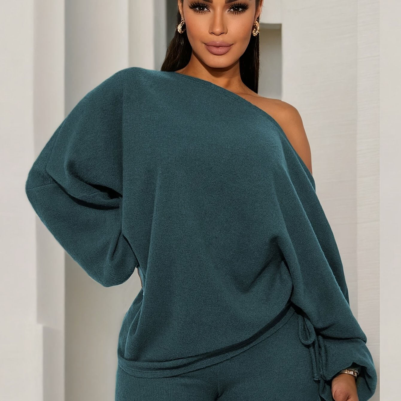 Women’s One-Shoulder 2-Piece Set – Lantern Sleeve Top & Skinny Leggings