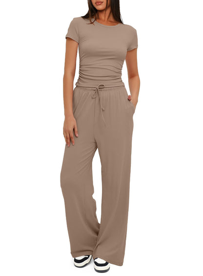 Loom & Soul™ 2-Piece Solid Color Yoga Set – Women’s Short-Sleeve Top & High-Waist Wide-Leg Pants