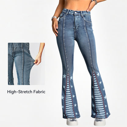 Jeans acampanados de tiro alto para mujer con diseño de estrella – Campana que realza las curvas