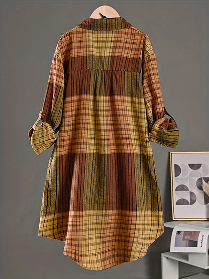 Women’s Vintage Plaid Shirt – Loose Button-Up All-Season Top