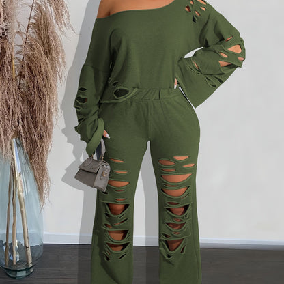 Women’s 2-Piece Off-Shoulder Distressed Set – Long Sleeve Top & Ripped Pants