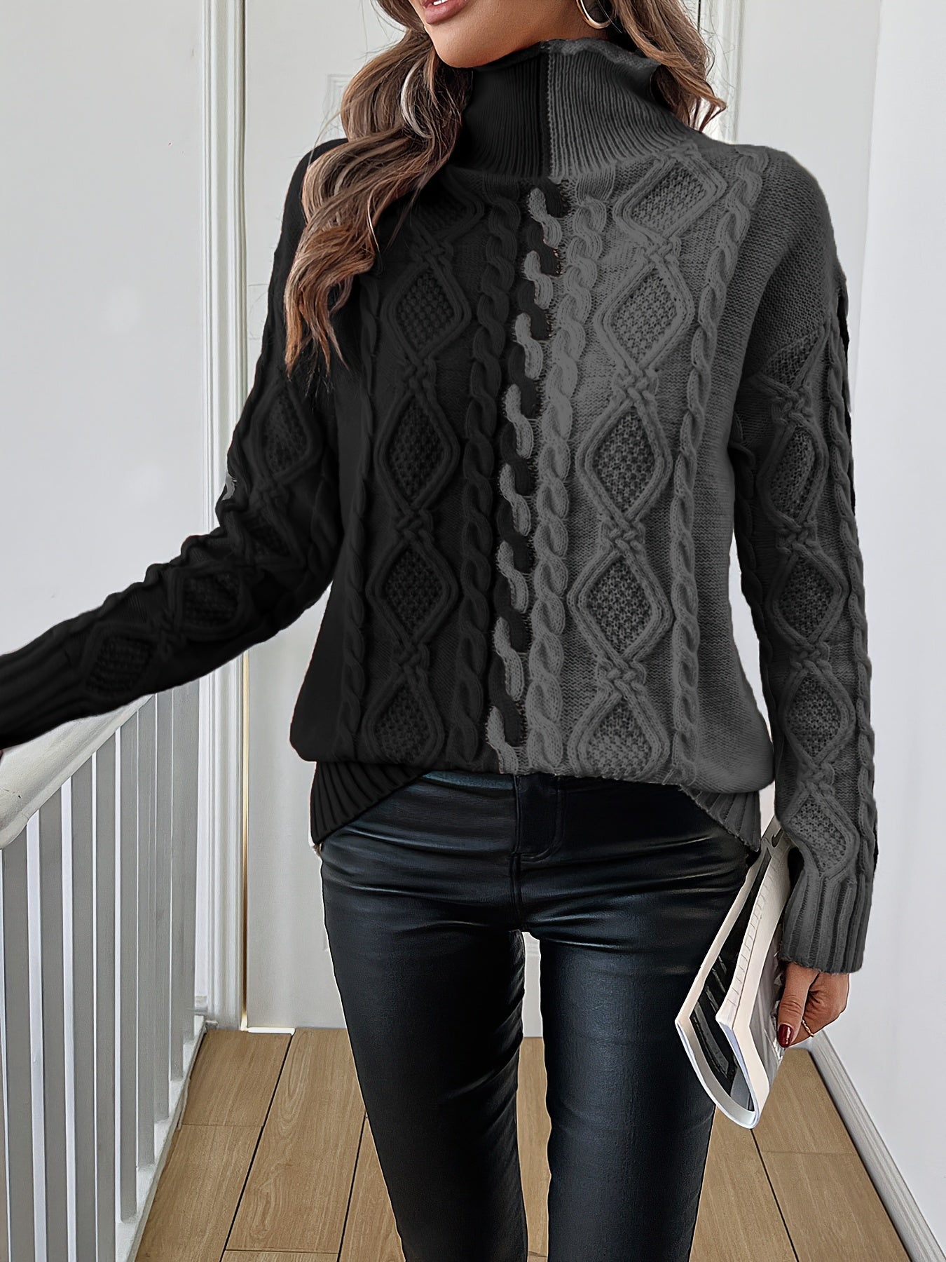 Elegant High-Neck Striped Blouse – Color-Block Knit Long Sleeve Top