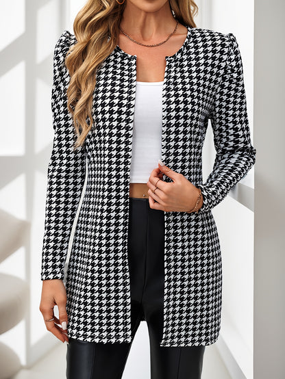 Women’s Houndstooth Cardigan – Elegant Puff-Sleeve Knit Jacket
