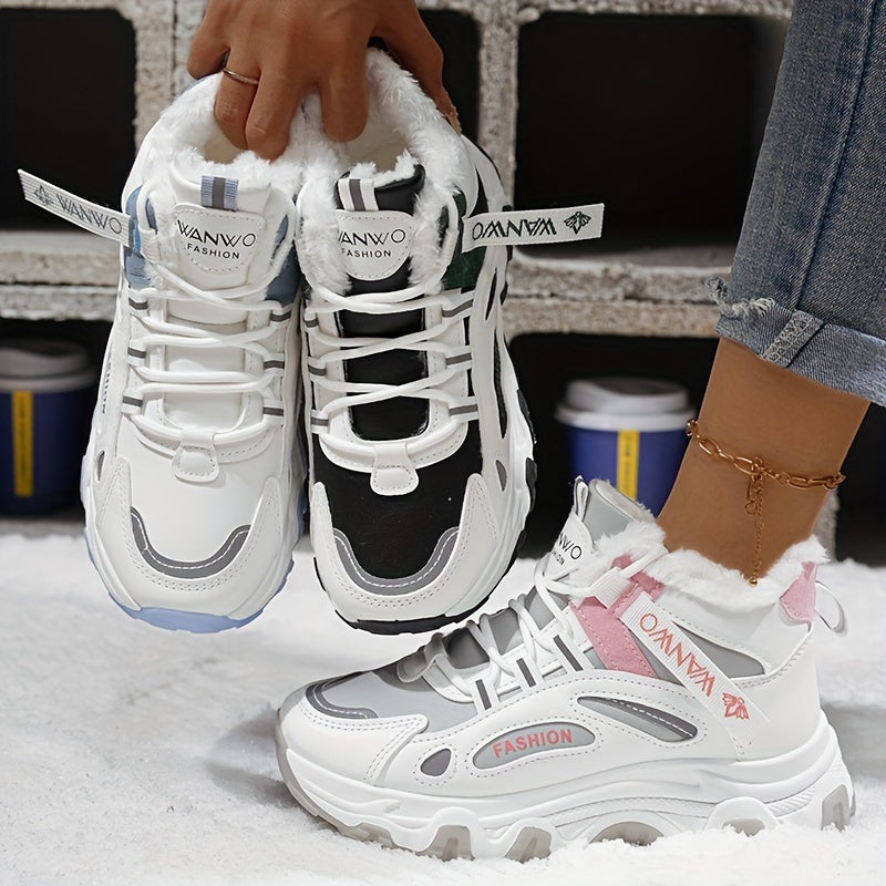 Women’s Cozy Fleece Snow Boots – White & Blue Non-Slip Thick Sole Winter Shoes