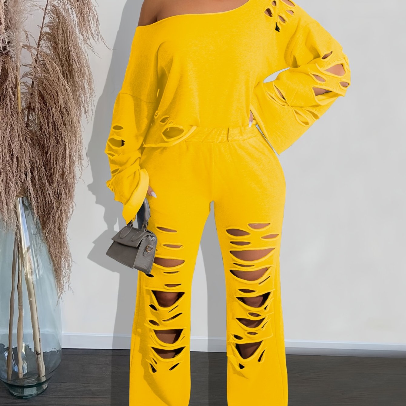 Women’s 2-Piece Off-Shoulder Distressed Set – Long Sleeve Top & Ripped Pants