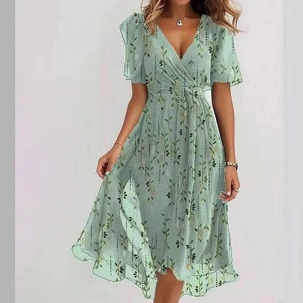 Loom & Soul™ Chiffon Floral Dress – Women’s Elegant V-Neck Short Sleeve Summer Midi Dress