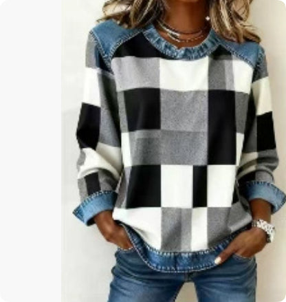 Sudadera de retazos de mezclilla para mujer - Sudadera floral con cuello redondo