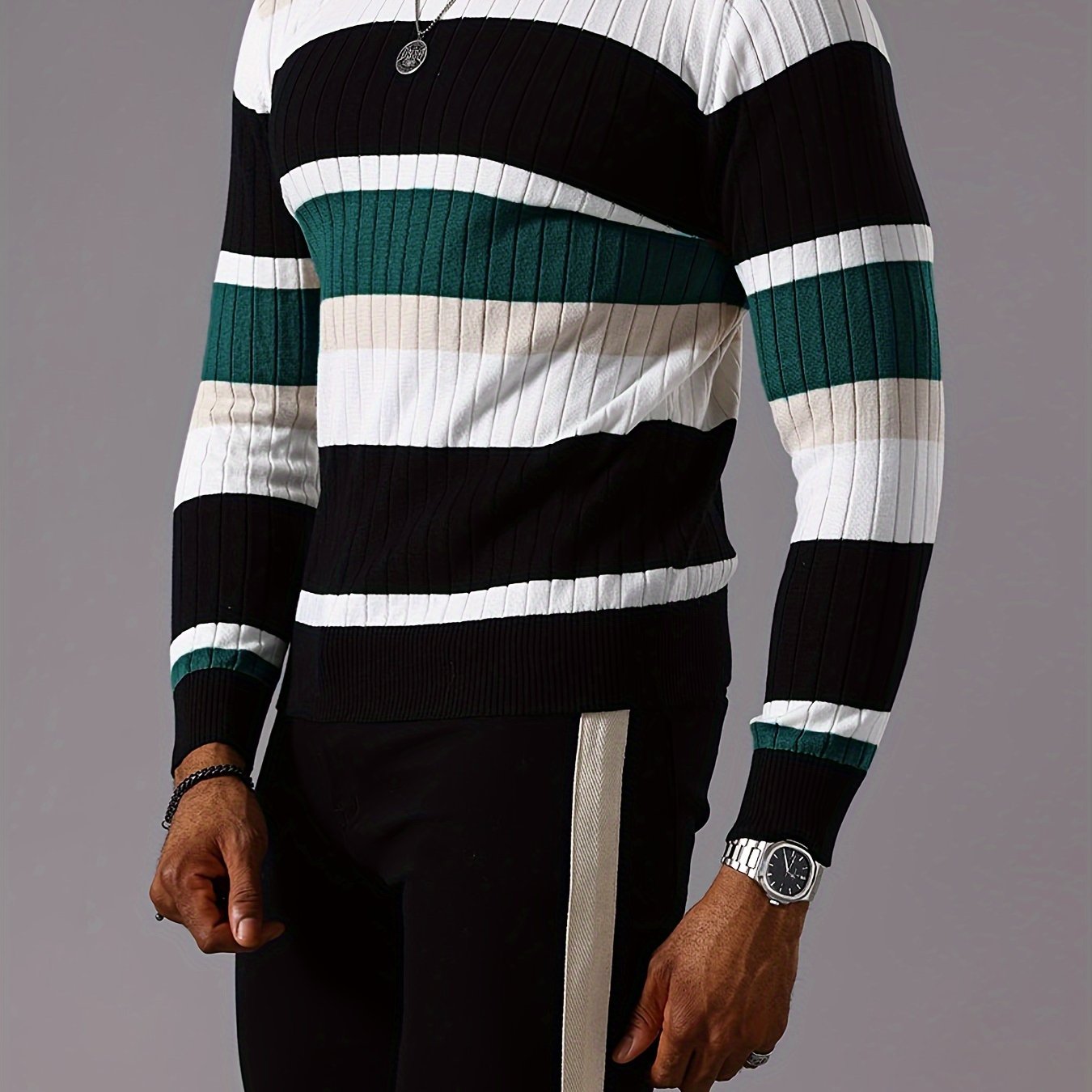 Men’s Striped Ribbed Knit Sweater – Color-Block Fall Winter Pullover