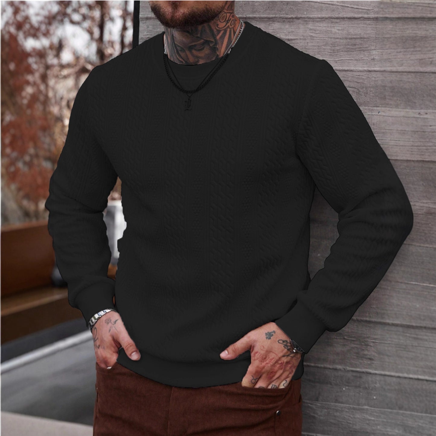 Sweat à capuche jacquard col rond homme – Haut léger coupe ample