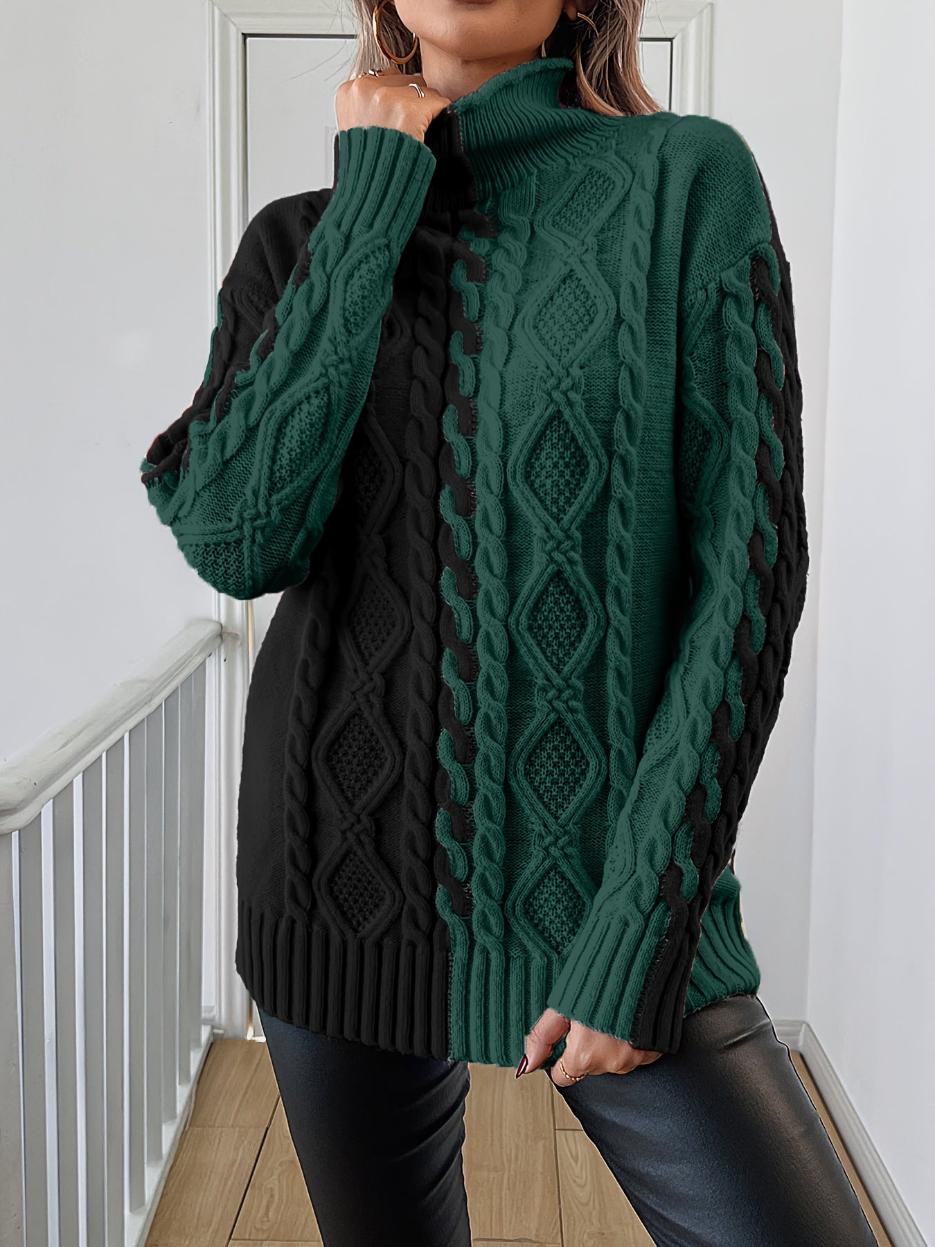 Elegant High-Neck Striped Blouse – Color-Block Knit Long Sleeve Top