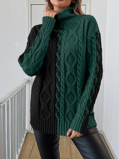 Elegant High-Neck Striped Blouse – Color-Block Knit Long Sleeve Top