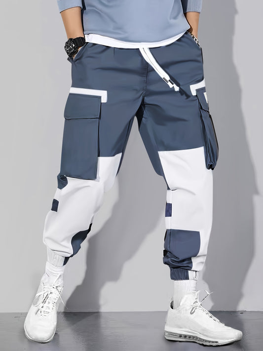 Men’s Color Block Joggers – Multi-Pocket Mid-Waist Drawstring Pants