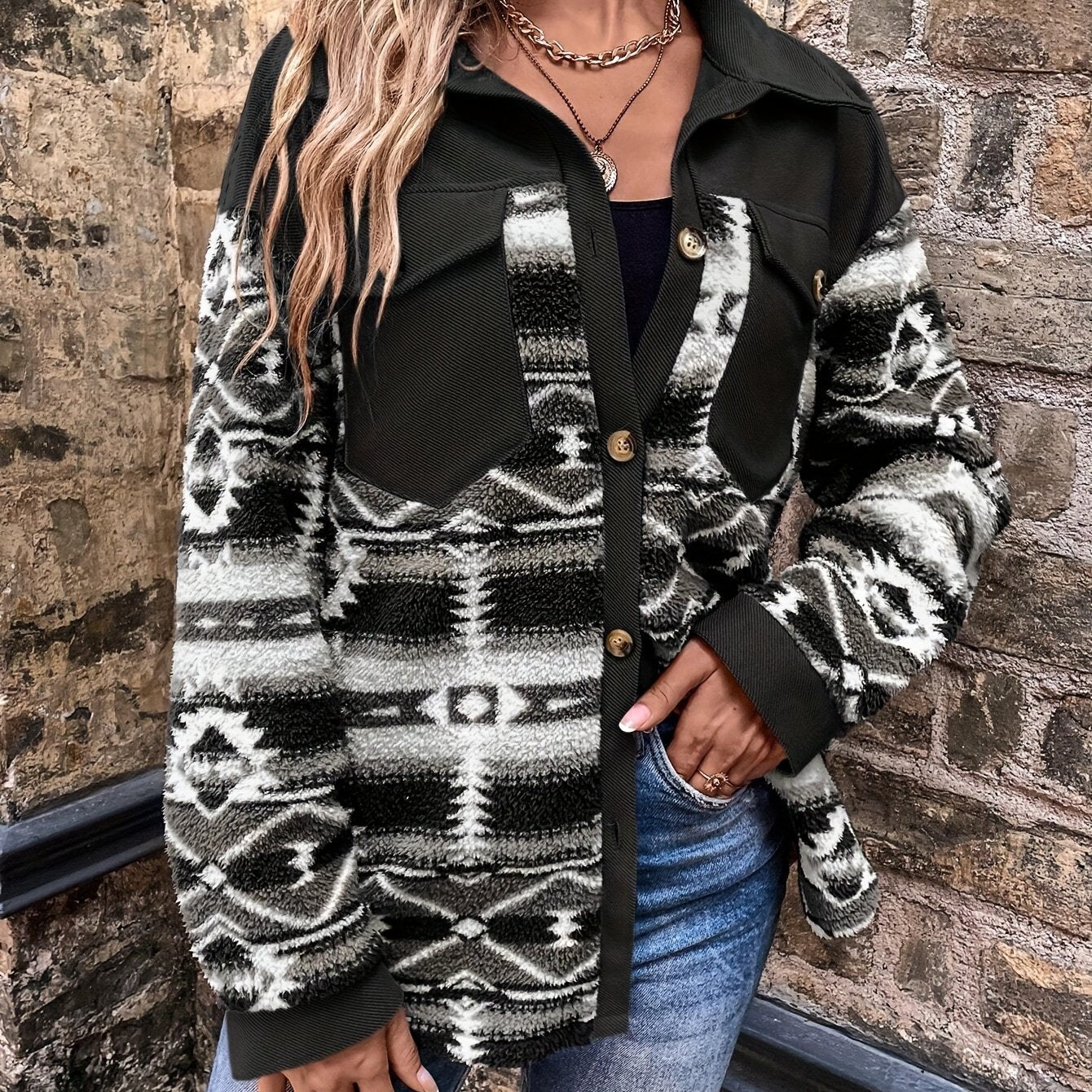 Women’s Geometric Fleece Jacket – Warm Color Block Winter Coat