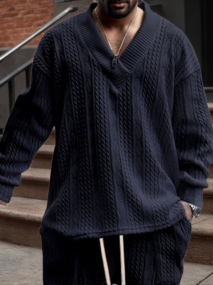 Pull décontracté pour homme en maille col V jacquard côtelé