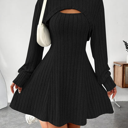 Women’s Ribbed Two-Piece Dress Set – Hooded Short Top & Bodycon Dress