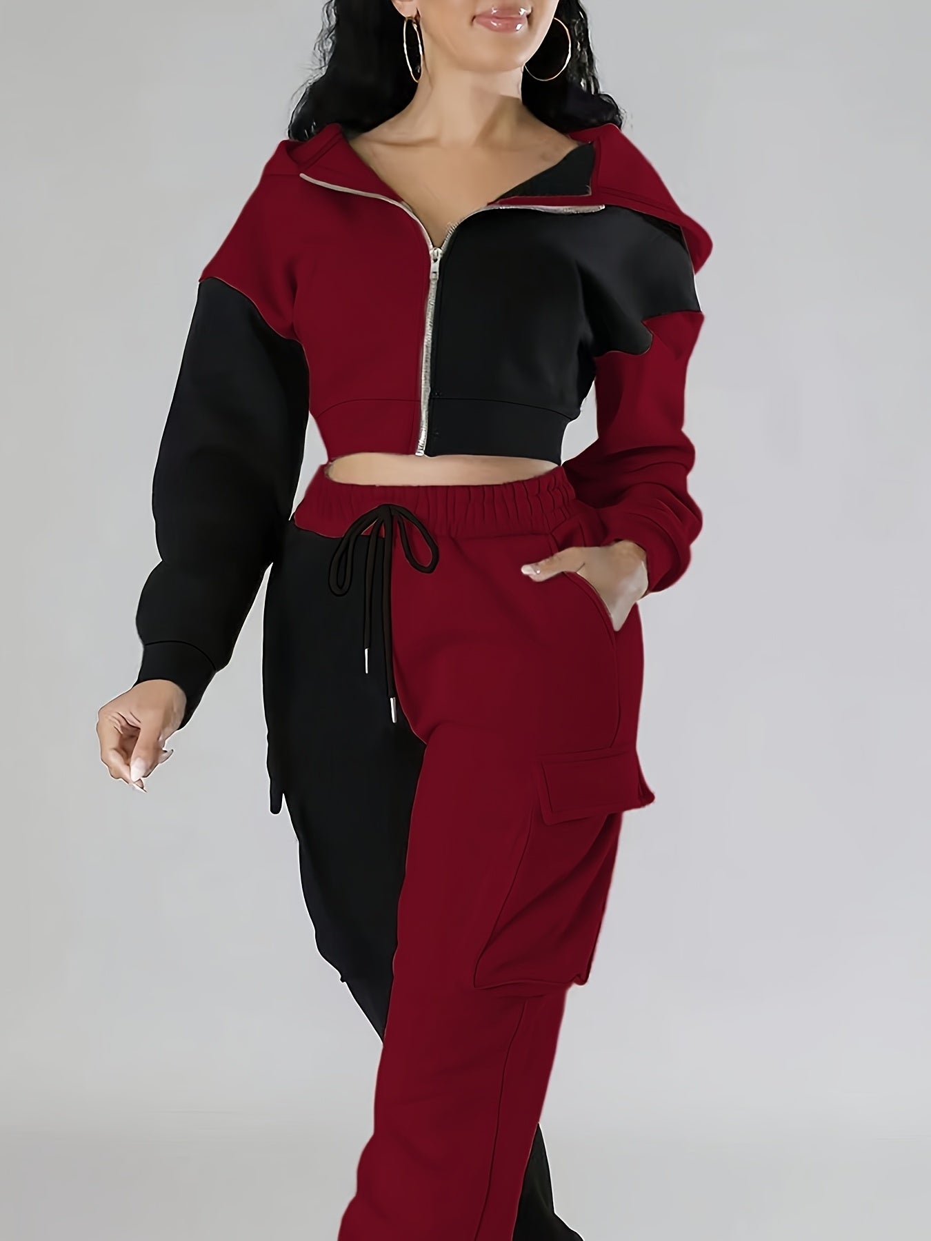 Colorblock Hooded Jacket & Cargo Pants Set – Women’s Zip-Up Two-Piece