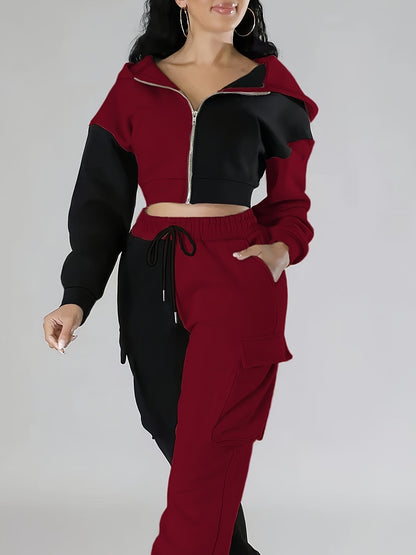 Colorblock Hooded Jacket & Cargo Pants Set – Women’s Zip-Up Two-Piece