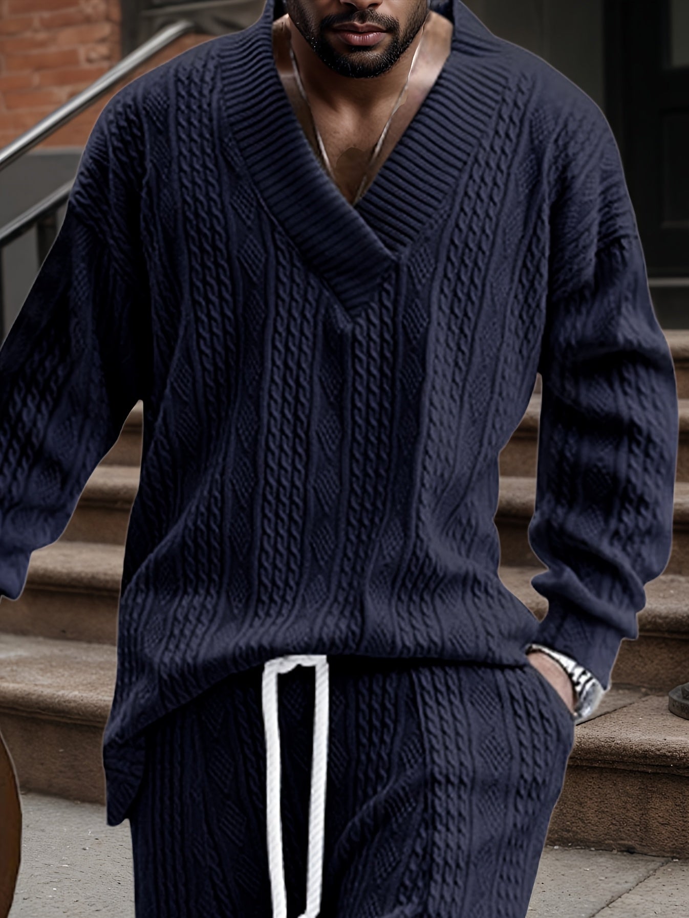 Pull décontracté pour homme en maille col V jacquard côtelé
