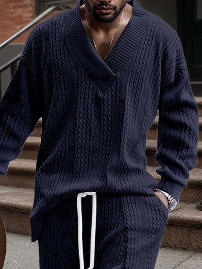 Pull décontracté pour homme en maille col V jacquard côtelé