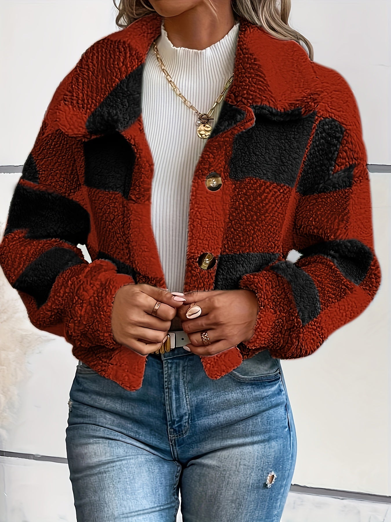 Women’s Plaid Teddy Coat – Warm Button-Up Long Sleeve Winter Outerwear