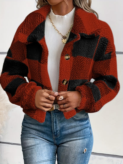 Women’s Plaid Teddy Coat – Warm Button-Up Long Sleeve Winter Outerwear