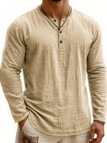 Camiseta Henley de manga larga con estampado digital bicolor para hombre – Corte ajustado de 3 botones