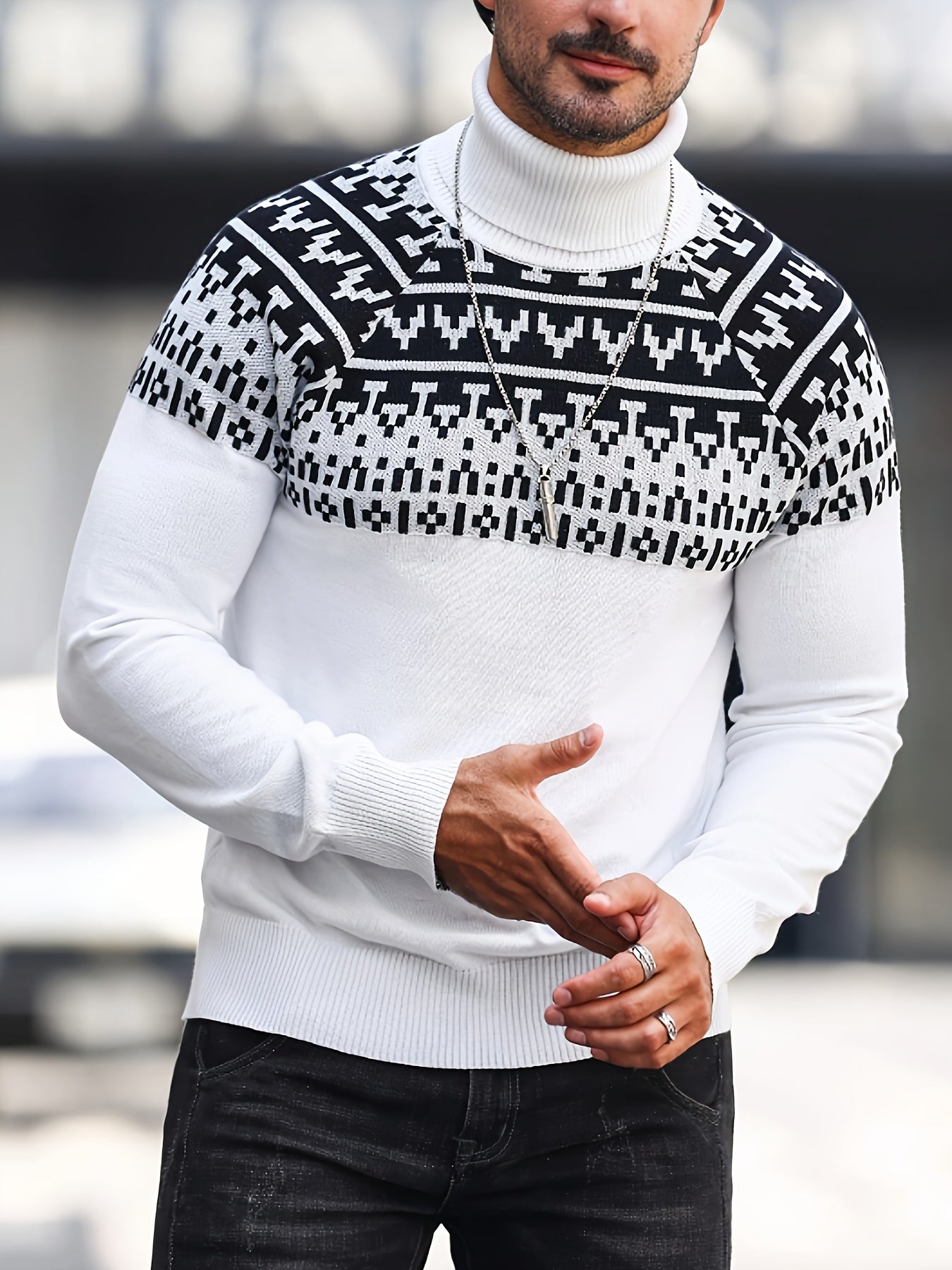 Suéter de cuello alto geométrico para hombre - Suéter informal de punto para otoño e invierno