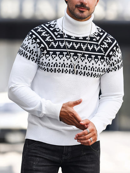 Suéter de cuello alto geométrico para hombre - Suéter informal de punto para otoño e invierno