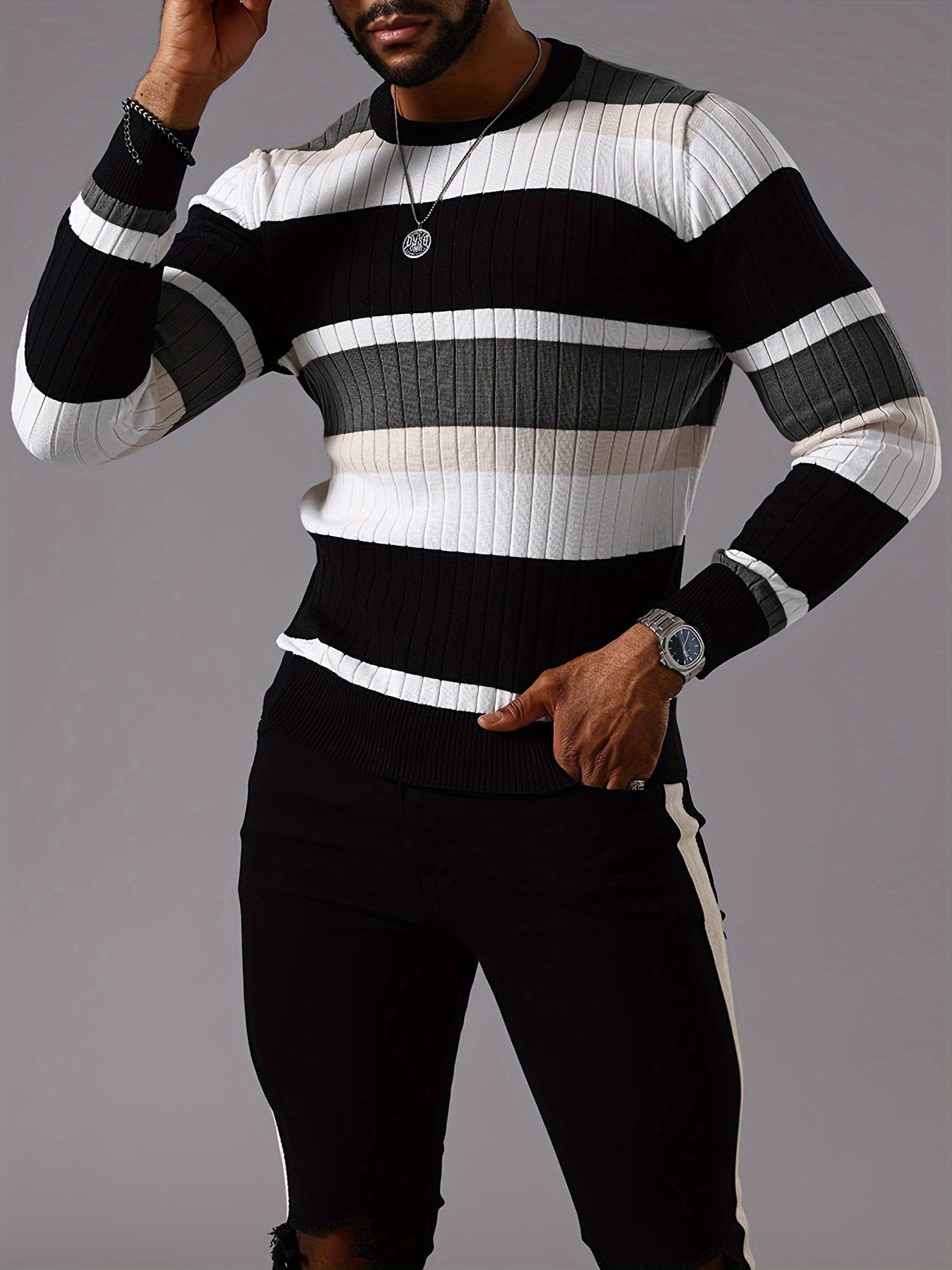 Men’s Striped Ribbed Knit Sweater – Color-Block Fall Winter Pullover