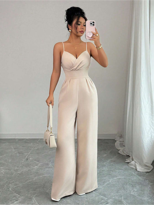 Minimalist V-Neck Suspender Jumpsuit – Elegant Wide Leg Palazzos