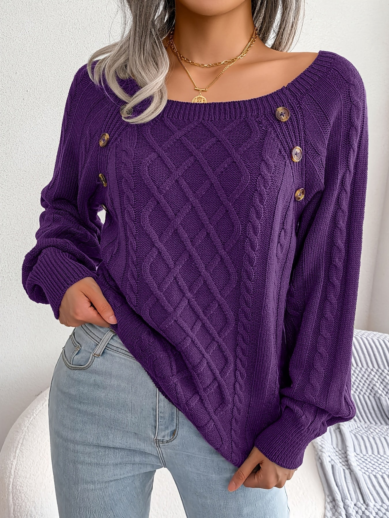 Women’s Textured Lantern Sleeve Sweater – Button Detail Knit Top