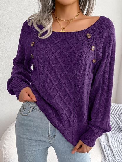 Women’s Textured Lantern Sleeve Sweater – Button Detail Knit Top