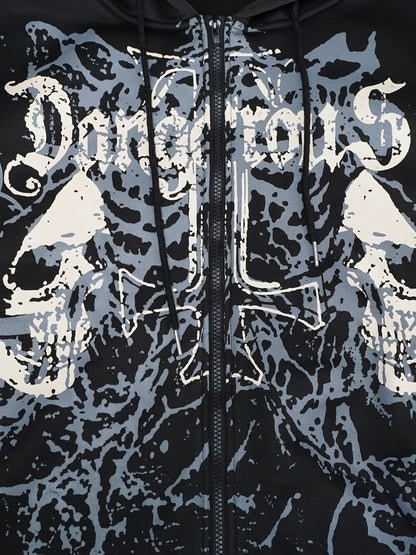 Men’s Skull Print Hooded Jacket – Zip-Up Casual Fall/Winter Hoodie