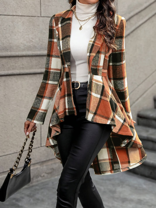 Women’s Plaid Flare Jacket – Button-Up High-Low Lapel Fall/Winter Coat