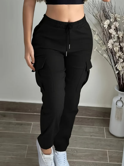 Women’s Black Cargo Pants – Elastic Drawstring Workwear Trousers