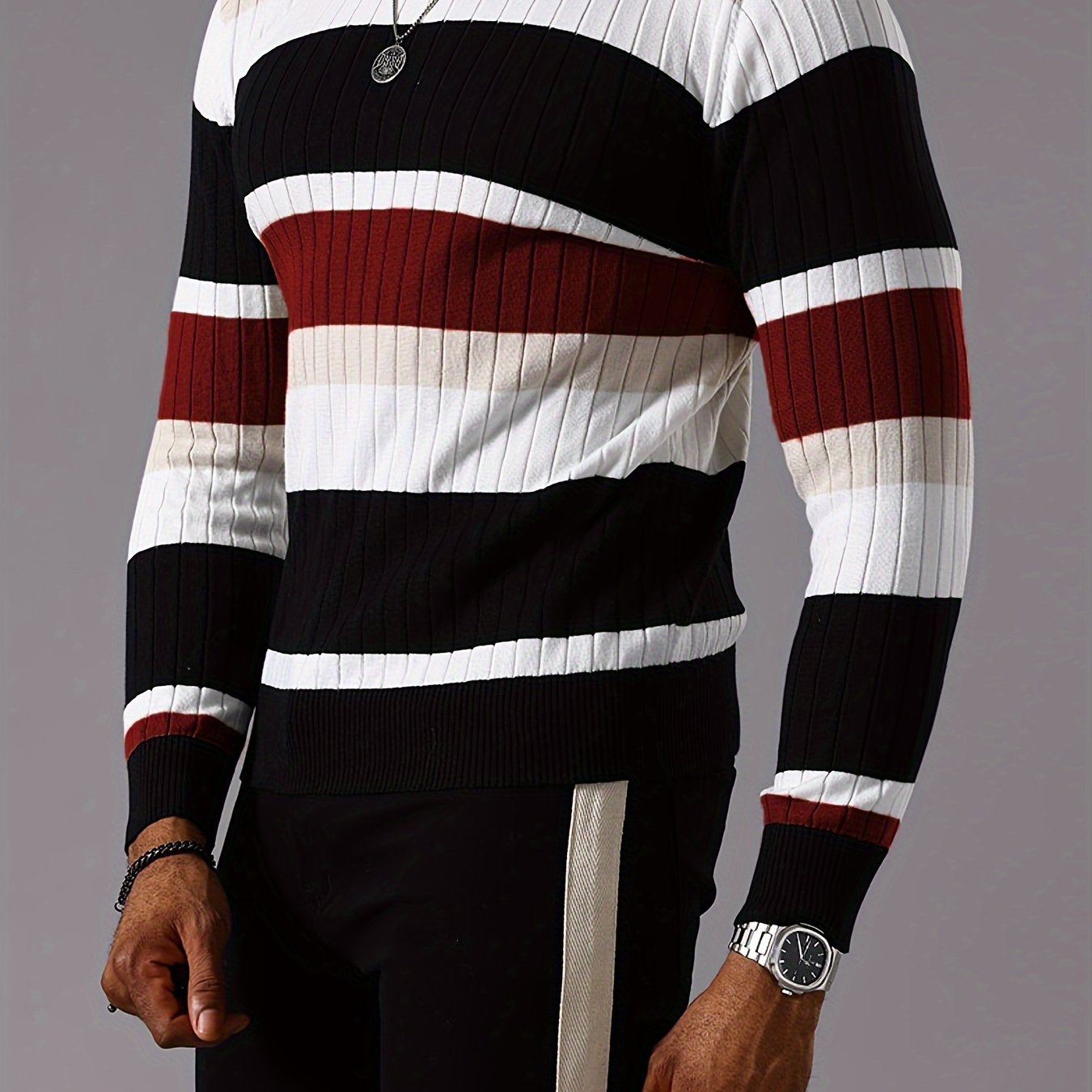 Men’s Striped Ribbed Knit Sweater – Color-Block Fall Winter Pullover