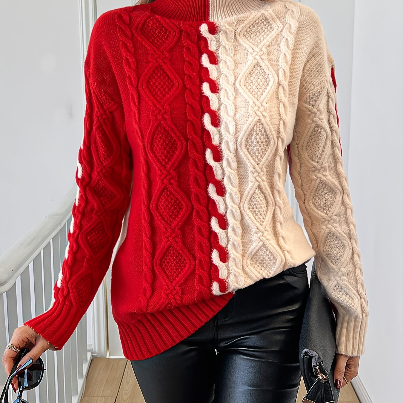 Elegant High-Neck Striped Blouse – Color-Block Knit Long Sleeve Top