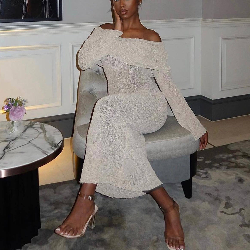 One-Shoulder Knit Maxi Dress – Elegant Long Sleeve Beach Dress