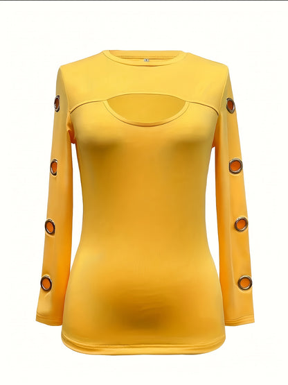 Elegant Black Long Sleeve Top – Gold Button Detail Round-Neck Tee