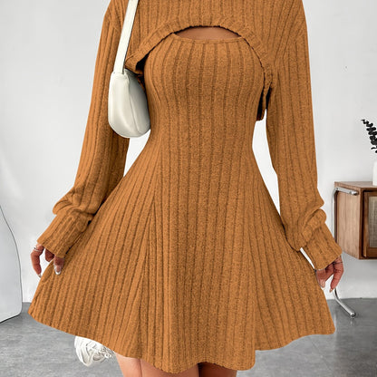 Women’s Ribbed Two-Piece Dress Set – Hooded Short Top & Bodycon Dress