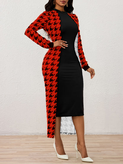 Vestido Ajustado de Cuello Alto con Estampado de Pata de Gallo – Elegante Vestido de Punto de Manga Larga