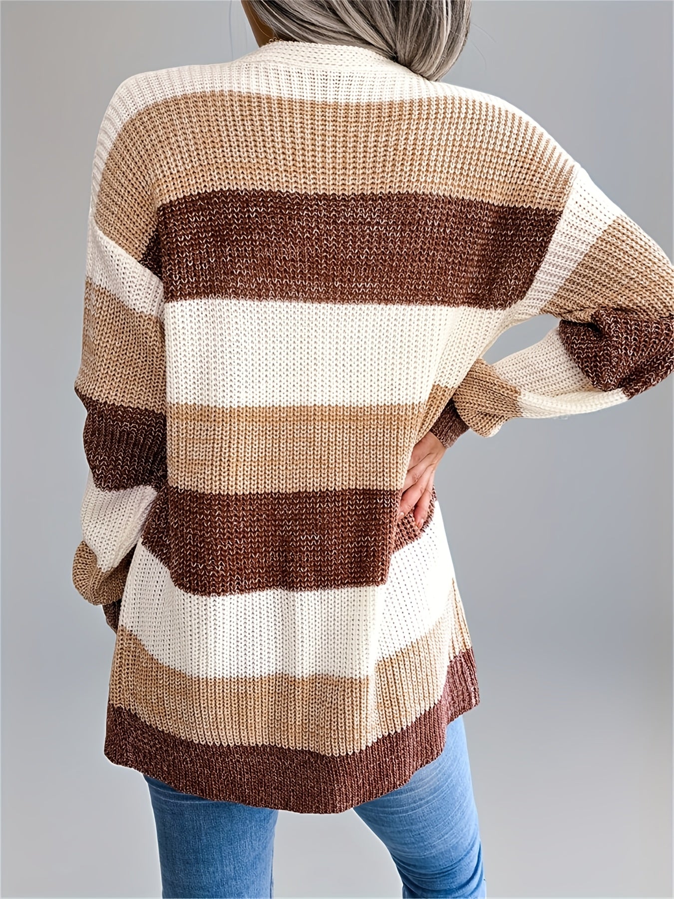 Women’s Color block Striped Cardigan – Puff Sleeve Winter Knit Sweater