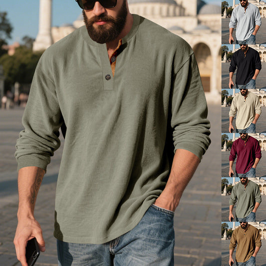 Chemise Henley côtelée rétro pour homme – Coupe ample à manches longues