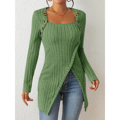 Women’s Off-Shoulder Square-Neck Slit Sweater – Elegant Knit Top