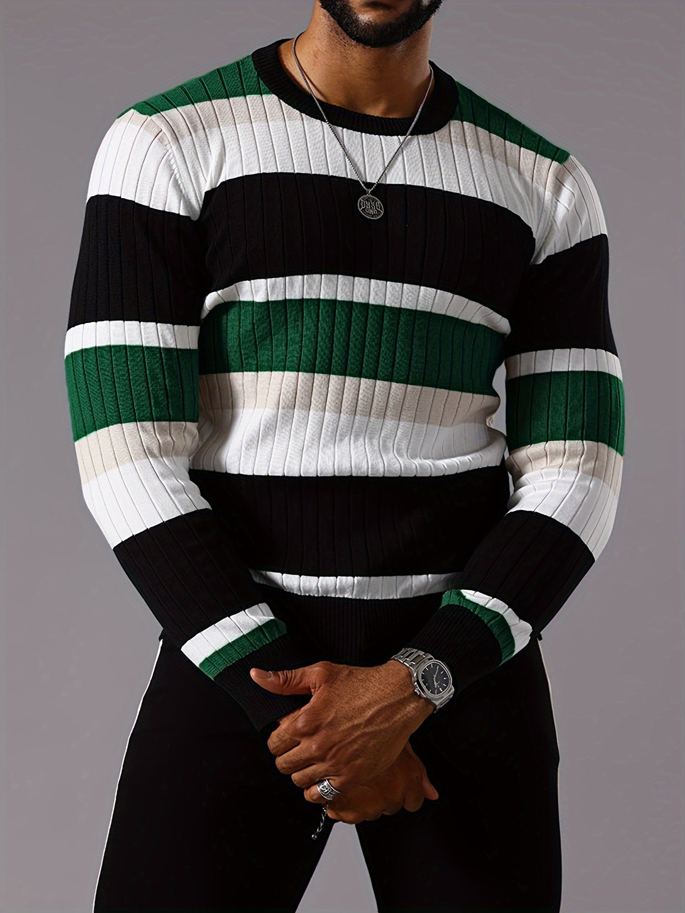 Men’s Striped Ribbed Knit Sweater – Color-Block Fall Winter Pullover