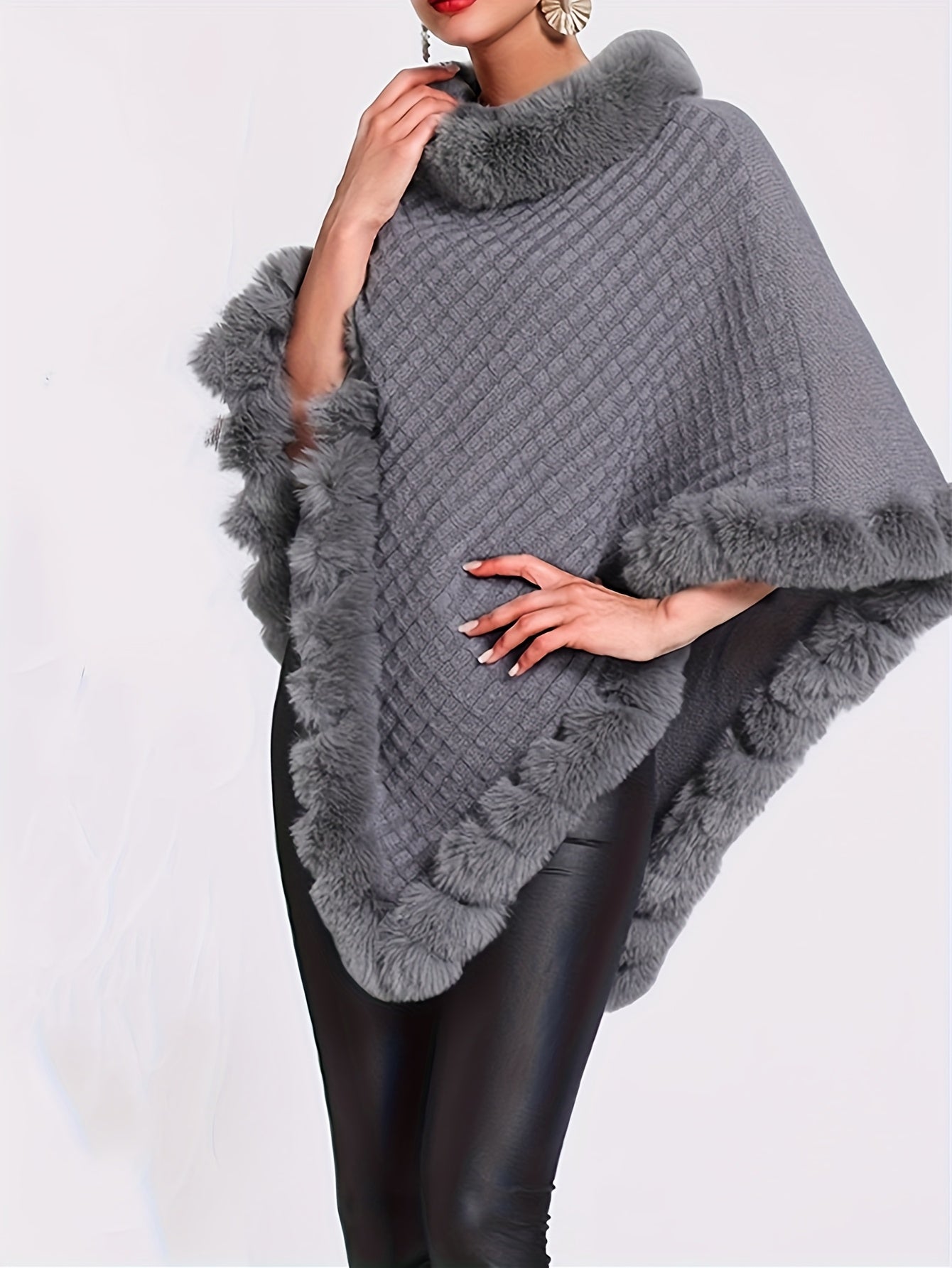 Women’s Faux Fur Cape Coat – Elegant Plush Collar Winter Outerwear