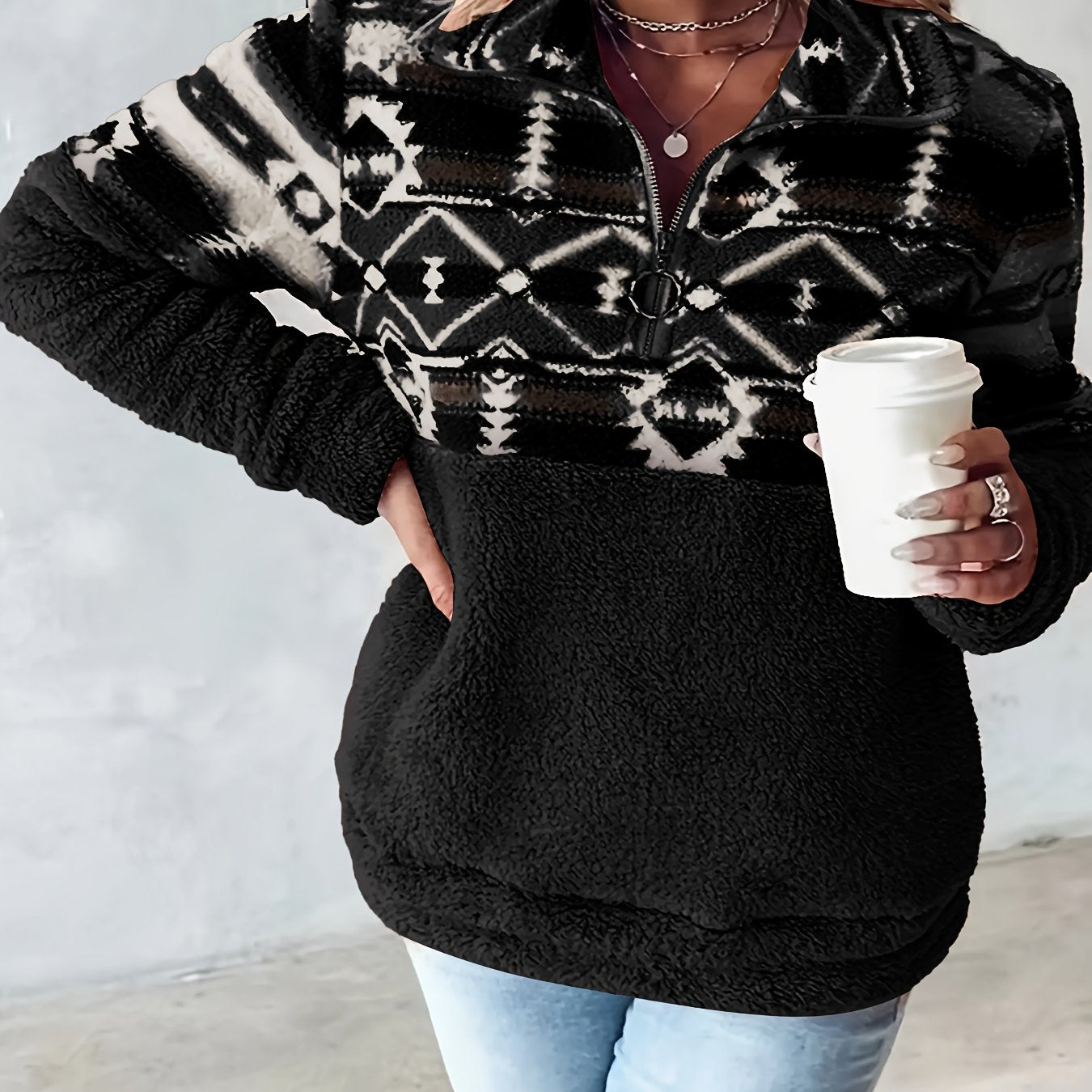 Geo Pattern Teddy Sweatshirt – Half-Zip Fleece Pullover for Fall & Winter