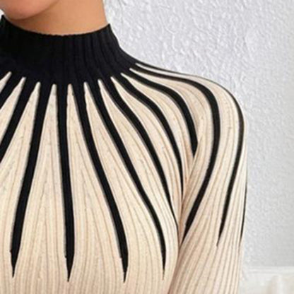 Suéter de punto de cuello alto ajustado para mujer – Manga larga a rayas acanalado