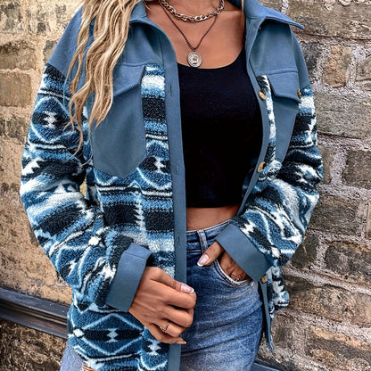 Women’s Geometric Fleece Jacket – Warm Color Block Winter Coat